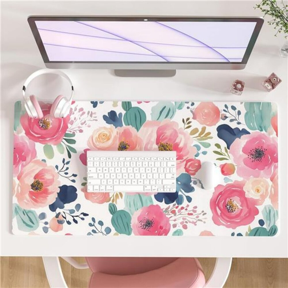 Large Pink Floral Desk Mat Mouse Pad Waterproof PU Leather Computer Desk Cover